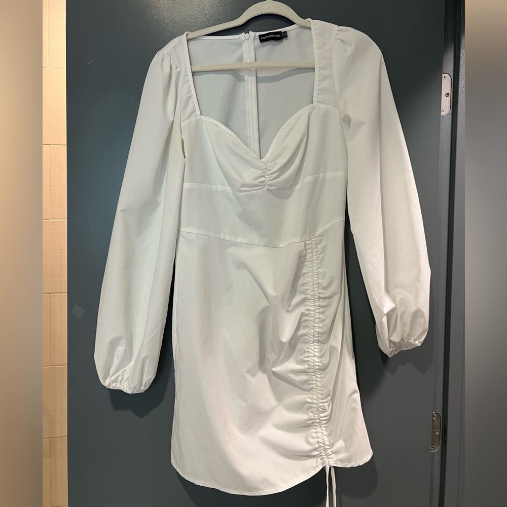 white ruched long puff sleeve dress